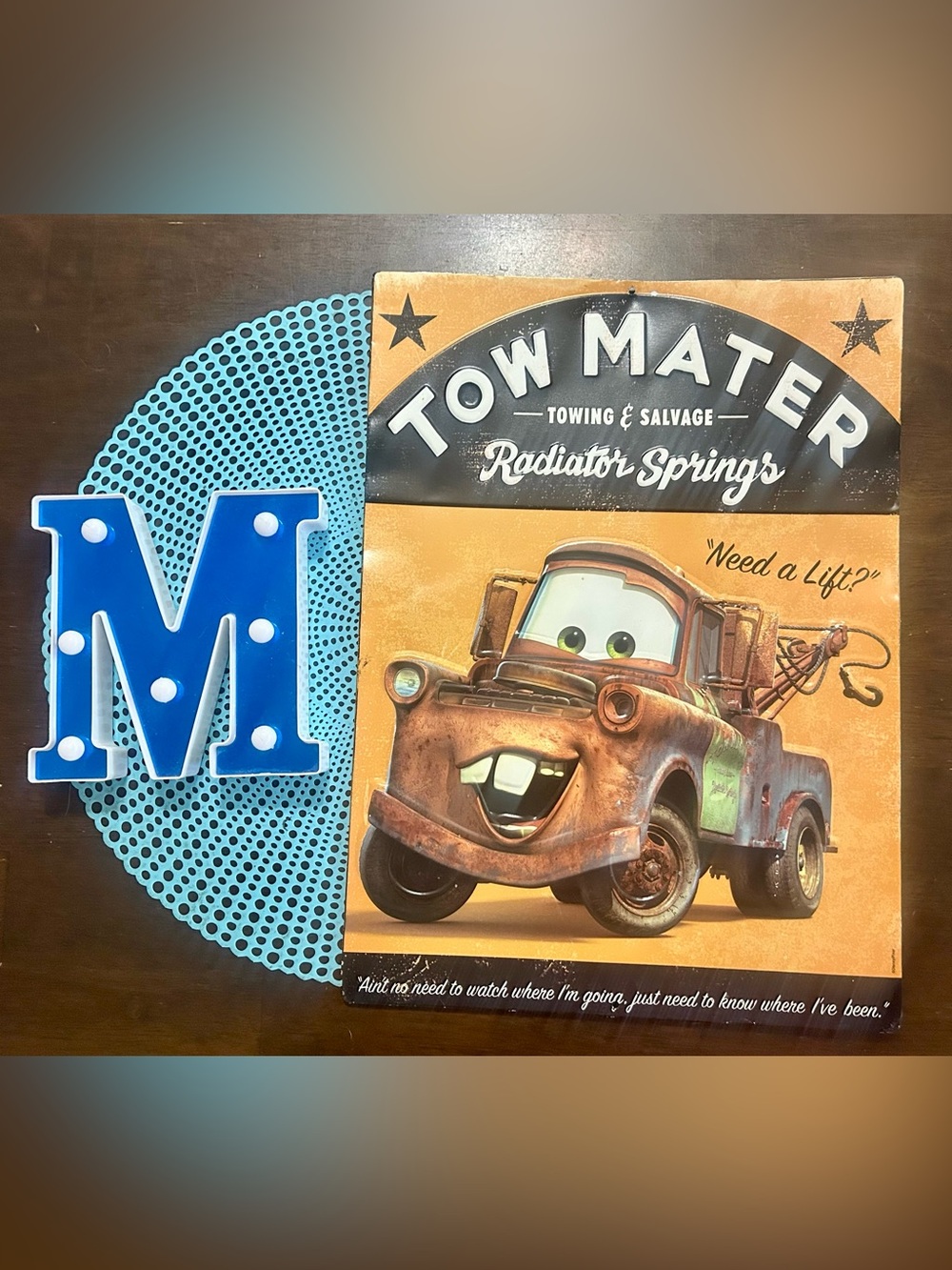 Raised Print TOW MATER Cars Tin Sign Disney Pixar 12" x 16.5" “Need A Lift?”